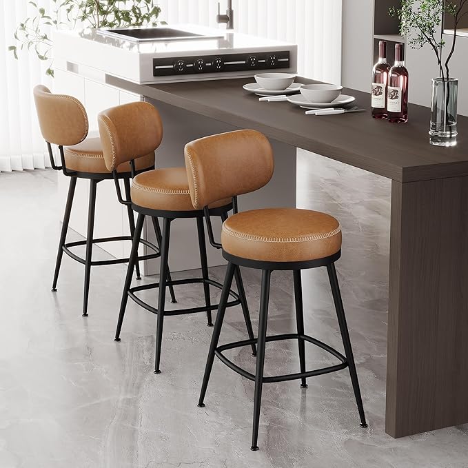 Counter Height Bar Stools, 26" H Swivel Barstools Set of 8, Faux Leather Kitchen Counter Stools with Back and Stylish Stitching, Metal Frame, Pub, Home Bar, Whisky Brown