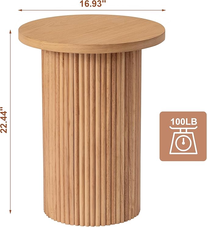 Round Side Table, Small Wood End Table Nightstand for Living Room, Bedroom, Office Small Spaces, Mid Century Modern Farmhouse Accent End Tables, Fluted Base Design, 16.93" D x 22.44" H