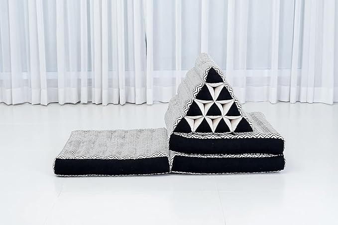 Leewadee - Comfortable Japanese Floor Mattress - Thai Floor Bed with Triangle Cushion - Futon Mattress - Thai Massage Mat, 67 x 21 inches, Black White, Kapok Filling
