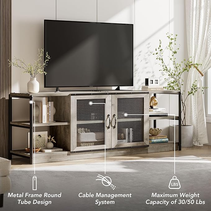 GarveeHome Farmhouse TV Stand for 75/80 Inch TVs, Entertainment Center with Storage Cabinet, 71'' Rustic TV Media Console Table, Furniture for Living Room, Grey