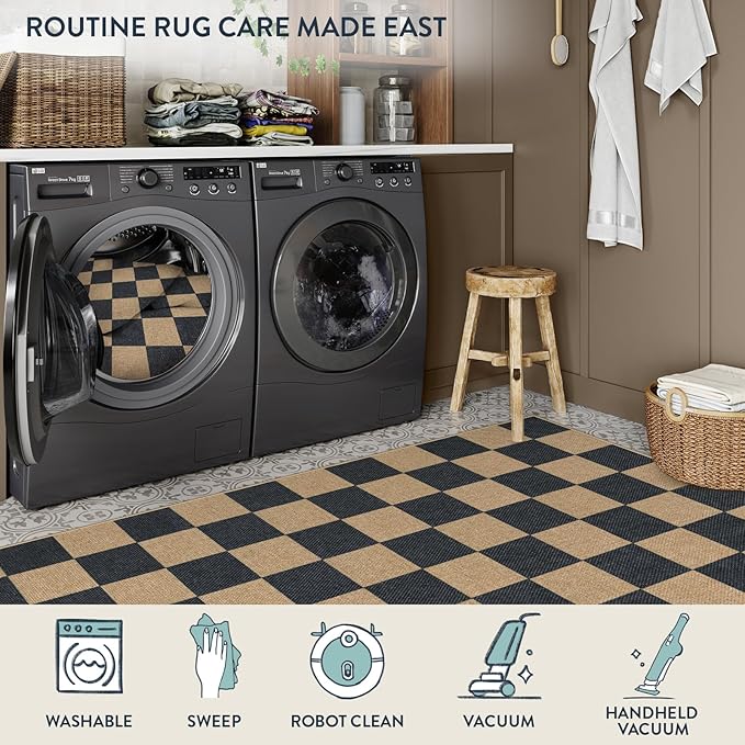 Lahome Checkered Easy Jute Runner Rug, 2x8 Kitchen Rug Non Slip Washable Outdoor Runner for Entryway Indoor, Checkerboard Black Indoor Outdoor Carpet for Hallway 8ft Entry