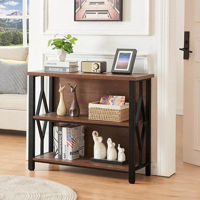 HOMISSUE Bookshelf, 3-Tier Rustic Short Bookshelf, Industrial Shelf Bookcase with Engineered Wood Shelves, Low Bookcase with Storage, Small Shelf for Living Room, Bedroom and Office, Rustic Brown