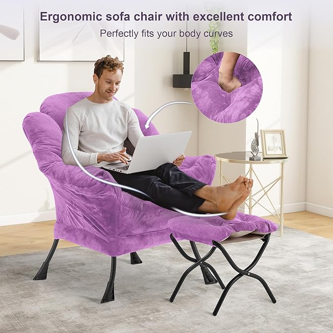 Fabric Lazy Chair with Ottoman, Oversized Upholstered Sofa Chair for Adults, Plush Comfy Lounge Chair with Large Side Storage Pocket, Reading Chair for Living Room, Bedroom, Office, Purple