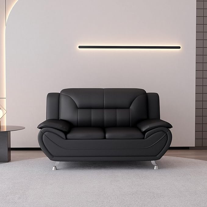 Container Furniture Direct Michael Modern Faux Leather Upholstered Stainless Steel Legs Living Room, Chair, Loveseat, Sofa, Black