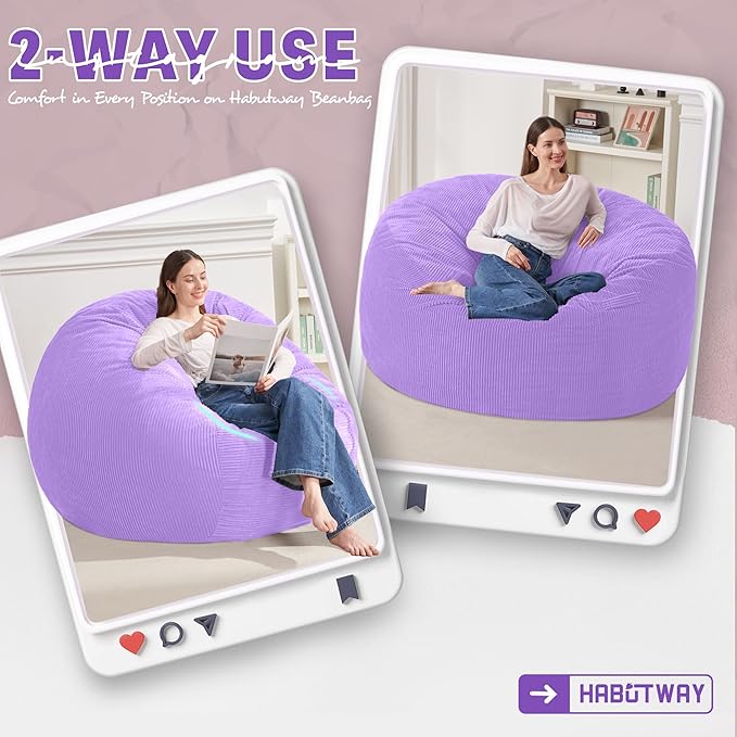 HABUTWAY 3FT Bean Bag Chair,Giant Bean Bag Chairs for Adults,Big Bean Bags with Memory Foam Filled, Large Beanbag Chairs with Soft Corduroy Cover-Purple