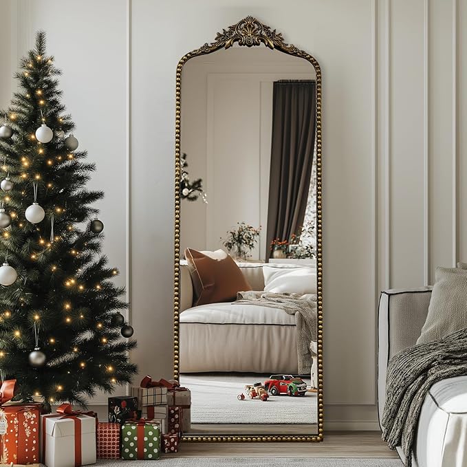G-LEAF Vintage Baroque Full Length Floor Mirror 22"X65", Victorian Antique Mirror with Black Brush Gold Ornate Metal Frame for Fireplace Entryway Living Room Hallway Bathroom