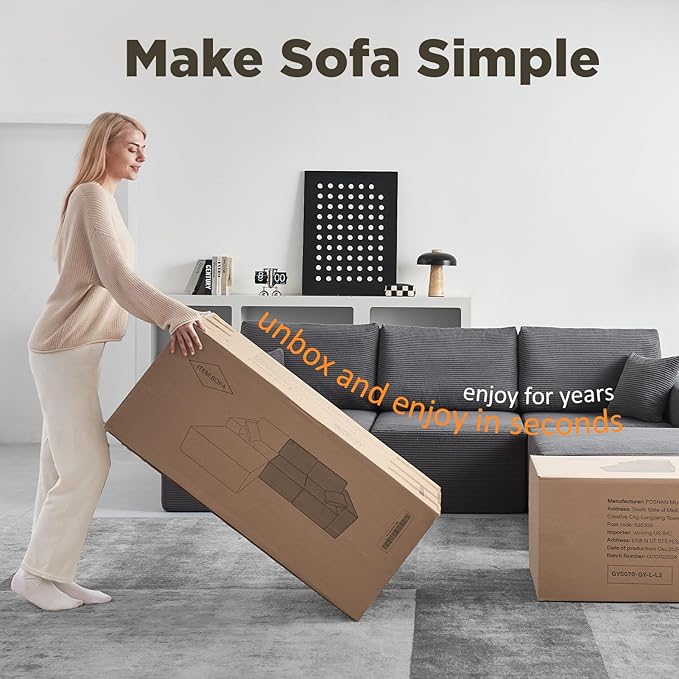 INGEROOM 108" Cloud Sectional Couch, Modular Sectional Sofa with L-Shaped Chaise, Modern Plush Corduroy Couch for Living Room Bedroom, No Assembly Required, Deep Seating Floor（Dark Gray）