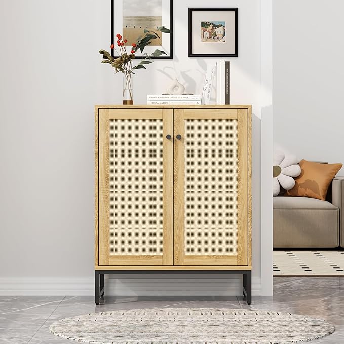 Sideboard Buffet Cabinet, Storage Cabinet with Double Rattan Doors, Modern Rattan Sideboard Cabinet, Kitchen Storage Cabinet with Metal Feet, for Entryway, Bedroom, Living Room (Natural Wood)