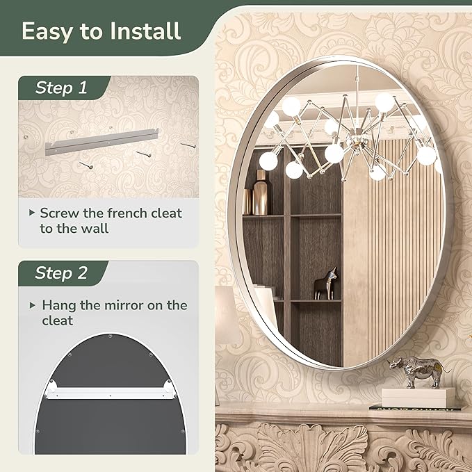 TokeShimi Oval Mirrors for Wall Decor 22x30 Inch with Non-Rusting Aluminum Alloy Brushed Silver Matte Framed Wall Mounted for Bathroom, Entryway, Living Room, Bedroom,Vanity or Horizontal
