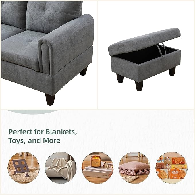 L Shaped Sectional Couches for Living Room, Modern Modular Sectional Sofa with Ottoman Storage, Comfy L Shaped Couch with Chaise for Bedroom Apartment Furniture, Gray