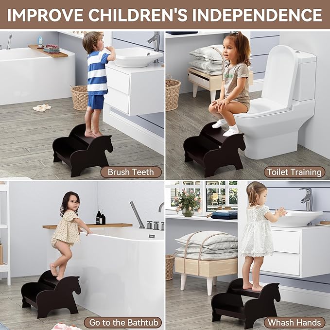 Wood Step Stools for Kids, Child Two Step Stool of Horse Shape, Toddler Step Stools Potty Training Stool, Easy to Move Safety for Kitchen, Bathroom, Bedroom, Toilet
