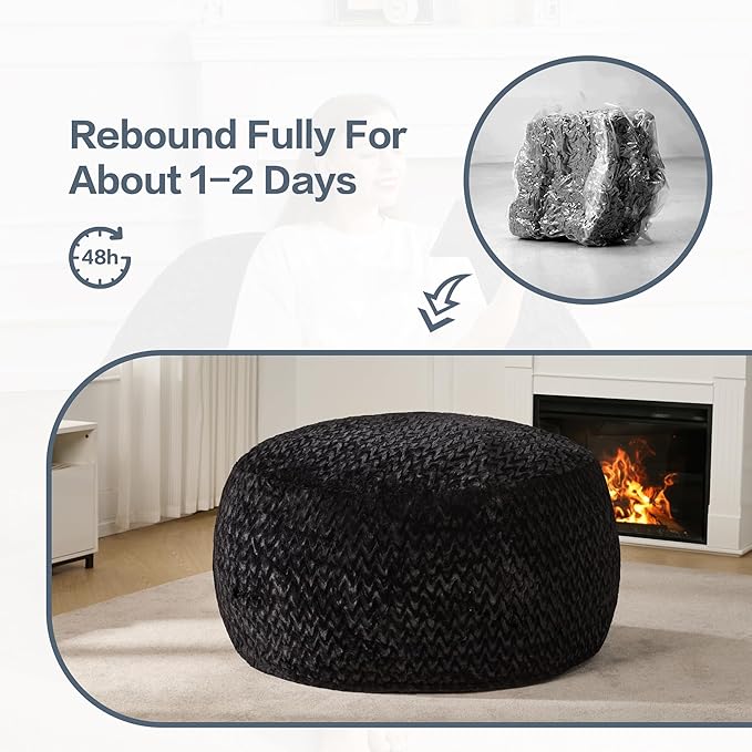 Hobestluk 4ft Bean Bag Chairs for Adults Large Beanbag Chair with Chevron Plush Fur Cover Big Bean Bag Chair for Living Room Bedroom Dorm Office - Black (44” x 44” x 24”)