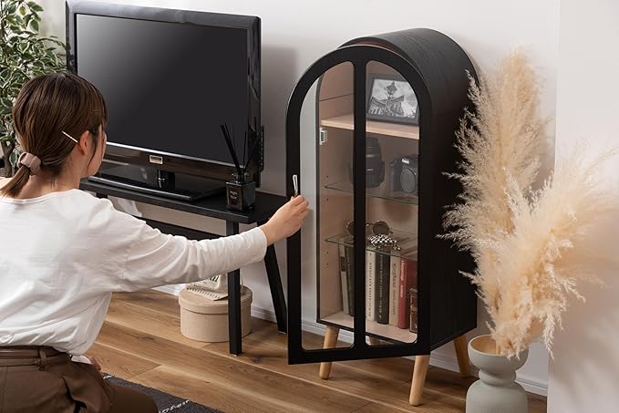 PaletteLife Arched Figurine-Case 4 Tier Collection Shelf, Oak Wood Grain with Glass Door and 2 Movable Glass Shelves, No Mirror, White, PT-621WH