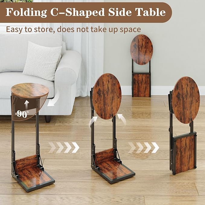 Folding C Shaped End Table, Small Side Table with Storage Bag for Sofa, Couch Table with Wheels, TV Tray Table for Living Room, Bedroom, Rustic Brown