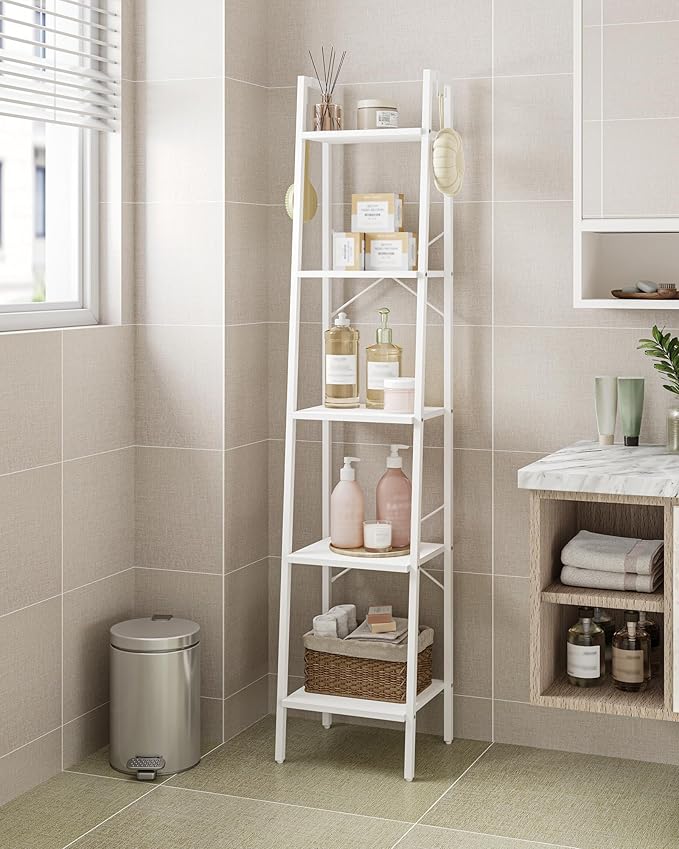 Ladder Shelf, Bookshelf Bookcase, Freestanding Corner Storage Shelve with 2 Hooks for Home Office, Living Room, Kitchen, Bedroom, Industrial, 5-Tier White BC03213W