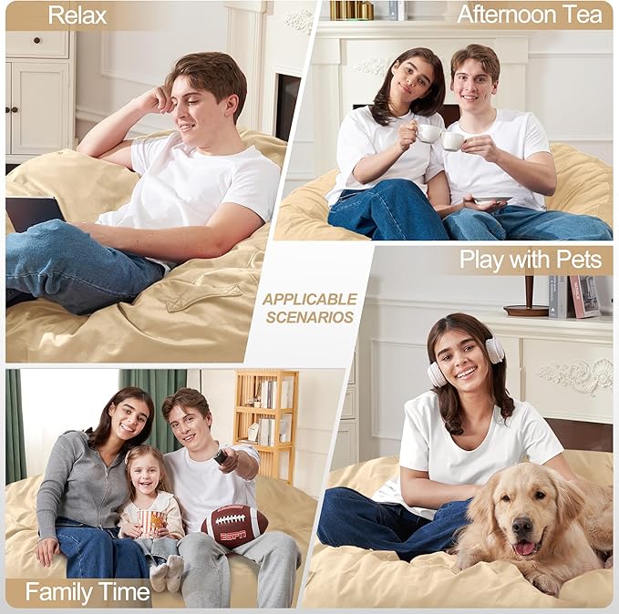 Homguava 5FT Bean Bag Chair Giant BeanBag with Memory Foam Filled, Comfy Bean Bag Chairs for Adults, Adult Bean Bag Chair with Dutch Velvet Cover for Living Room Bedroom-Khaki