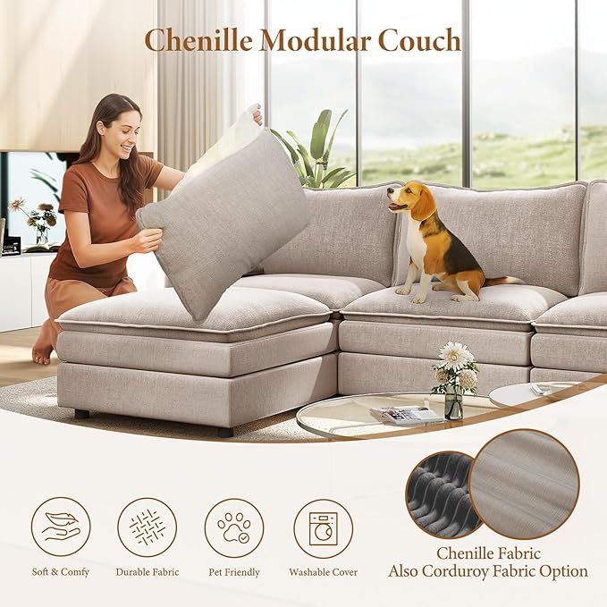Vesgantti Large Modular Sectional Sofa, Big Comfy Cloud Couch with Ottoman Deep Seat Chenille Cloud Sofa, 9 Seater Large Sectional Couches for Living Room, Bedroom and Apartment, Light Brown