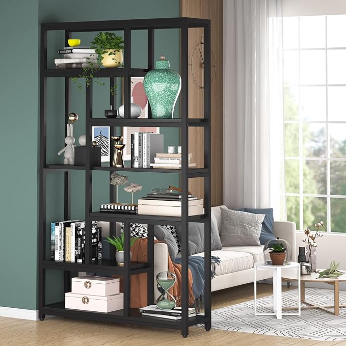 Tribesigns 79 Inch Bookshelf, 7-Tier Tall Bookcase with 10-Open Shelf, Wood and Metal Book Shelf Storage Shelves for Bedroom, Living Room and Home Office, Black