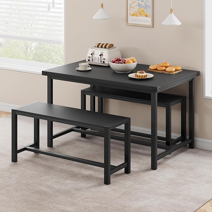Garvee Dining Table Set for 4, Kitchen Table with Benches, 3 Piece Rectangular Dining Room Set with 2 Wooden Benches for Small Space, Apartment, Studio, Home, Rustic Black