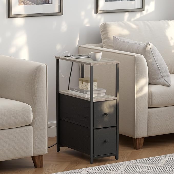 TUTOTAK Small Narrow End Table with Charging Station, Set of 2, Side Table with Outlets, Nightstand with 2 Cloth Drawers, Couch Table, for Living Room, Bedroom, Bedside, Greige TB01BG055