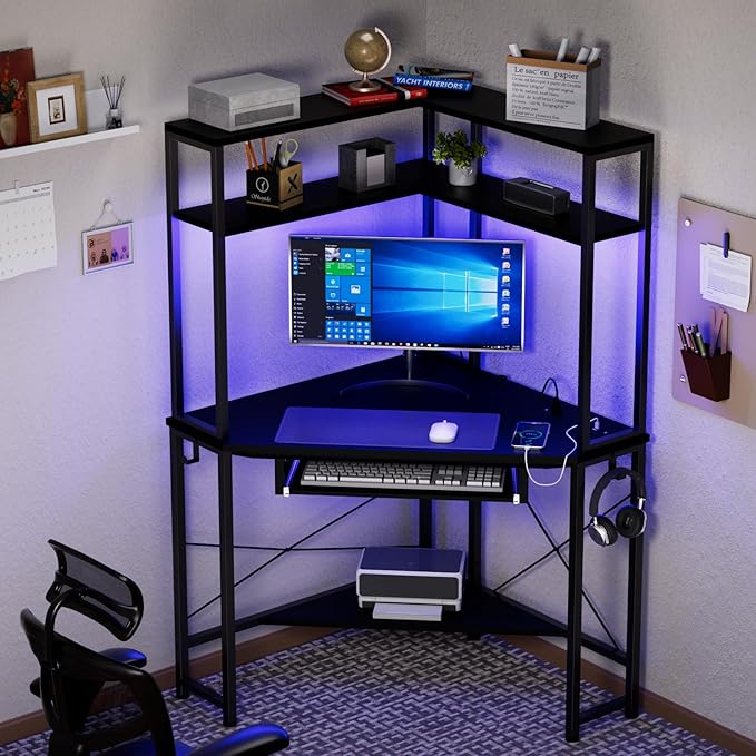 Corner Desk with Hutch and LED Lights, Corner Computer Desk with Keyboard Tray and Monitor Stand, Small Computer Desk for Small Spaces, Home Office