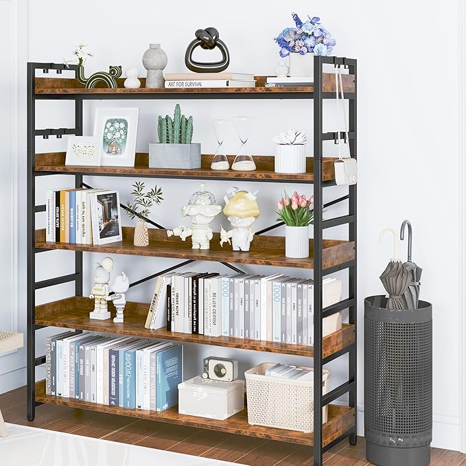 HCHQHS 5 Tier Bookshelf, Adjustable Industrial Bookcase, Vertical Tall Book Shelf, Wood and Black Metal Open Bookshelves for Home Office, Living Room, Bedroom