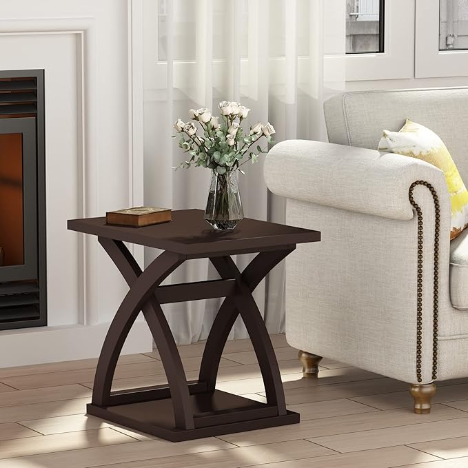 ChooChoo End Side Table, Modern End Table with Storage Shelf, X-Design Side Table Living Room(Espresso)