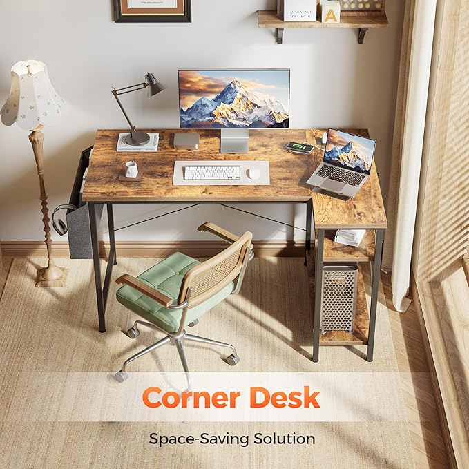 Small L Shaped Computer Desk with Power Outlets, Gaming Desk for Small Spaces, Corner Desk with Reversible Storage Shelves, Study Writing Table for Home Office (Socket, Rustic Brown, 48 inch)