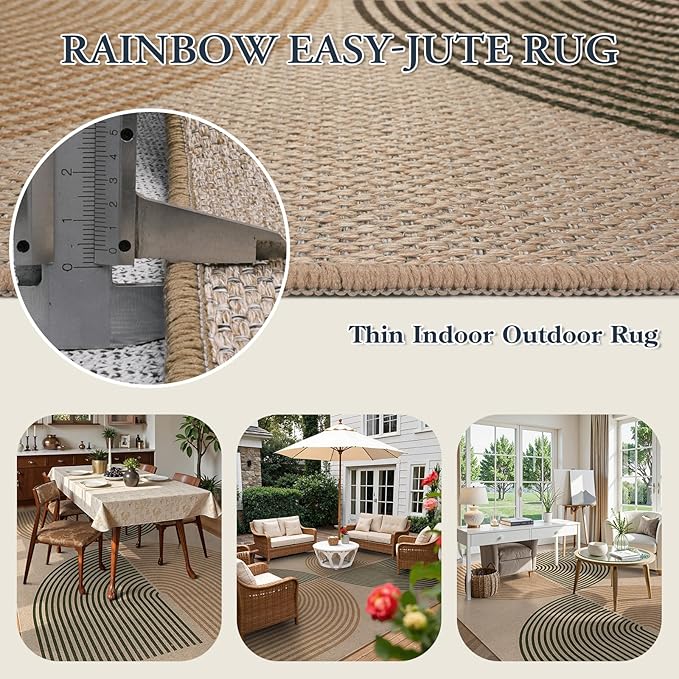 Lahome Modern Rainbow Outdoor Easy Jute Rug, Area Rugs 9x12 Living Room Patio Rug Large Farmhouse Indoor Outdoor Rugs, Contemporary Non Slip Dining Room Rugs for Under Table Sunroom
