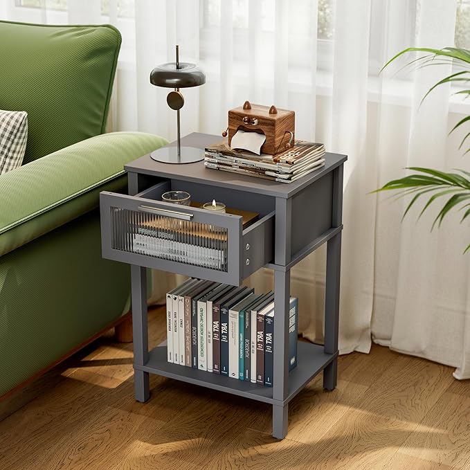 Nightstand Wooden Bedside Table with Drawer Grey Night Stands Modern Style Small End Table Side Table with Storage Shelf for Bedroom Living Room MLBZ10G