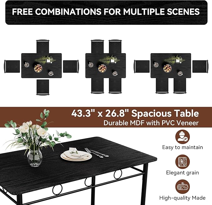 Vipbear Kitchen Dining Table Set for 4, 5-Piece Kitchen Table Set,Dining Room Table Sets,Rectangular Kitchen Table Set with 4 Chairs for Small Space, Dinette,Apartment,Rustic Black