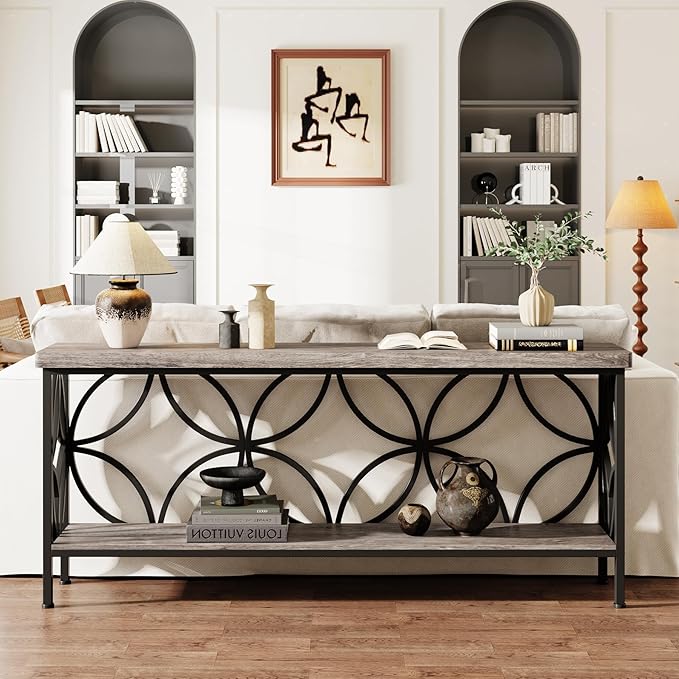 LITTLE TREE Sofa Table, 70.9 Inch Industrial Behind Couch Table with Storage Shelves, Narrow Long Console Table for Entryway, Living Room, Foyer, Hallway, Office