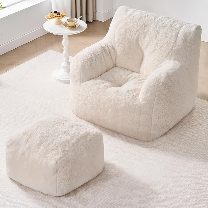 Giant Bean Bag Chairs for Adults with Ottoman, Faux Fur Boneless Chaise Couch Filler with Memory Foam,Large BeanBag Lounge Lazy Floor Sofa Accent Chair for Living Room,Bedroom & Game Rooms