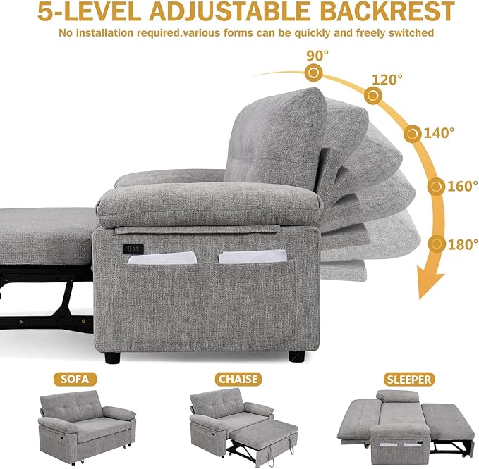 Vipbear 58" Convertible Sofa Bed, 3-in-1 Pull Out Sleeper Sofa with USB Ports & Adjustable Backrest, Loveseat with Side Pocket for Living Room, Apartment, Tool-Free Assembly, Chenile Light Grey