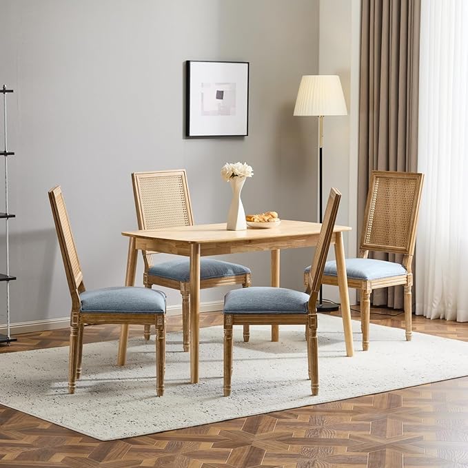 Merax Upholstered Solid Wood Dining Chairs Set of 4, French Country Style Accent Side Seating Furniture for Kitchen, Living Room, Wicker Back, Slate Blue
