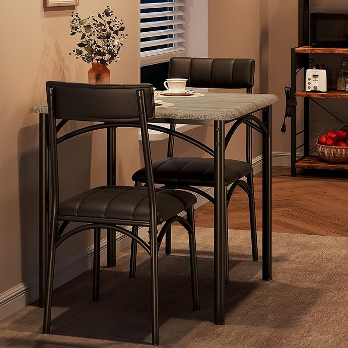 GarveeHome Dining Table Set for 2, Kitchen Table with 2 Upholstered Chairs, Wood Square Dining Table and Chairs Set for Small Space, Apartment, Dinner, Rustic Gray