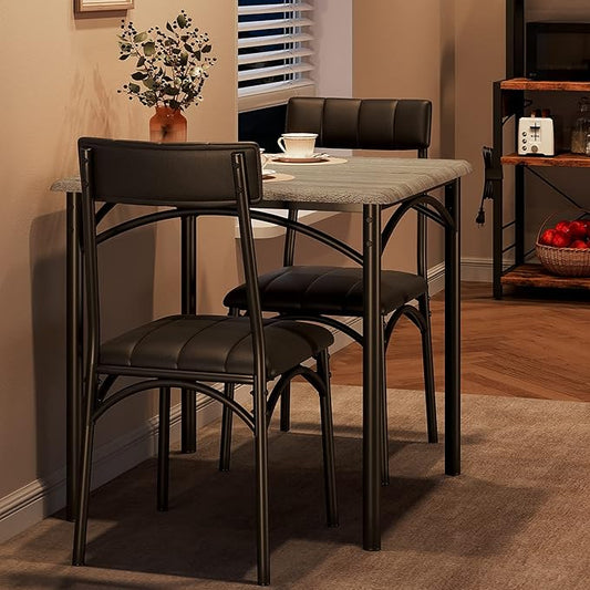 GarveeHome Dining Table Set for 2, Kitchen Table with 2 Upholstered Chairs, Wood Square Dining Table and Chairs Set for Small Space, Apartment, Dinner, Rustic Gray