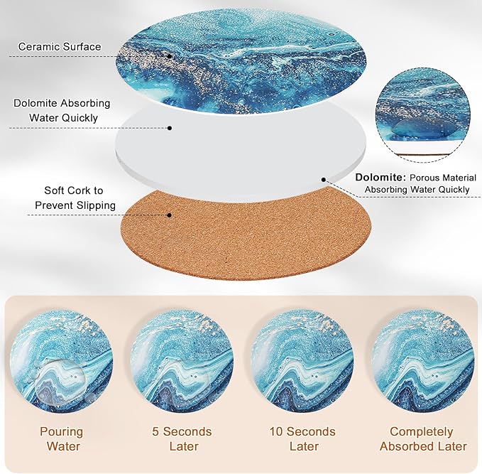6-Pcs 4'' Ceramic Marble Style Trivet with Holder, Absorbent Trivets for Hot Dishes, Cork Bottom Anti-Slip Trivet Mats for Hot Pots and Pans