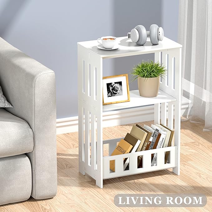 3-Tier End Table Night Stand Set of 2, White Side Table with Storage Shelf, Small Bookshelf Bedside Table for Bedroom, Living Room, Office, Bathroom