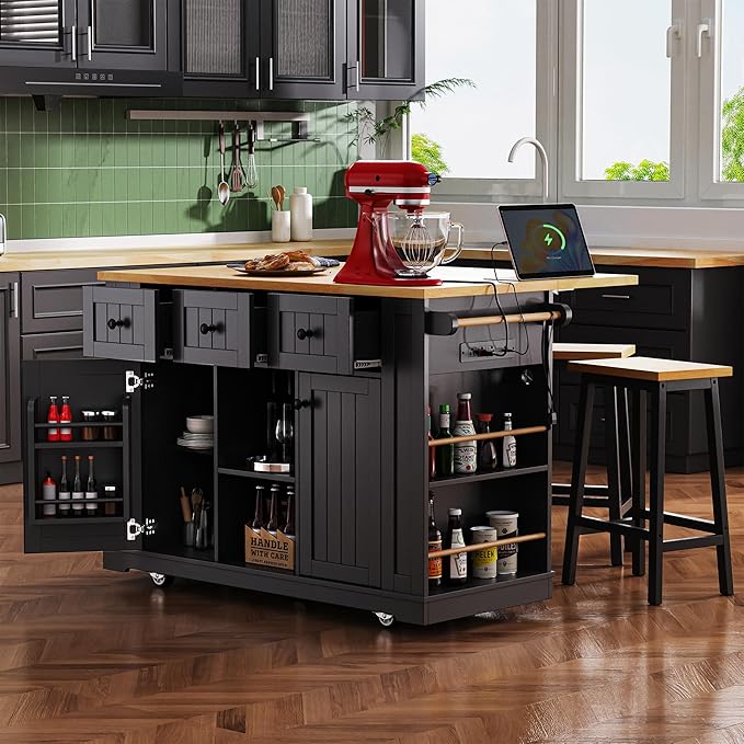 53" Large Kitchen Island with 2 Bar Stools,Power Outlet & Door Internal Storage Rack,Kitchen Storage Cart on 5 Wheels W/Drop Leaf,5 Open Side Racks & 3 Drawers,for Kitchen,Dining Room,Black