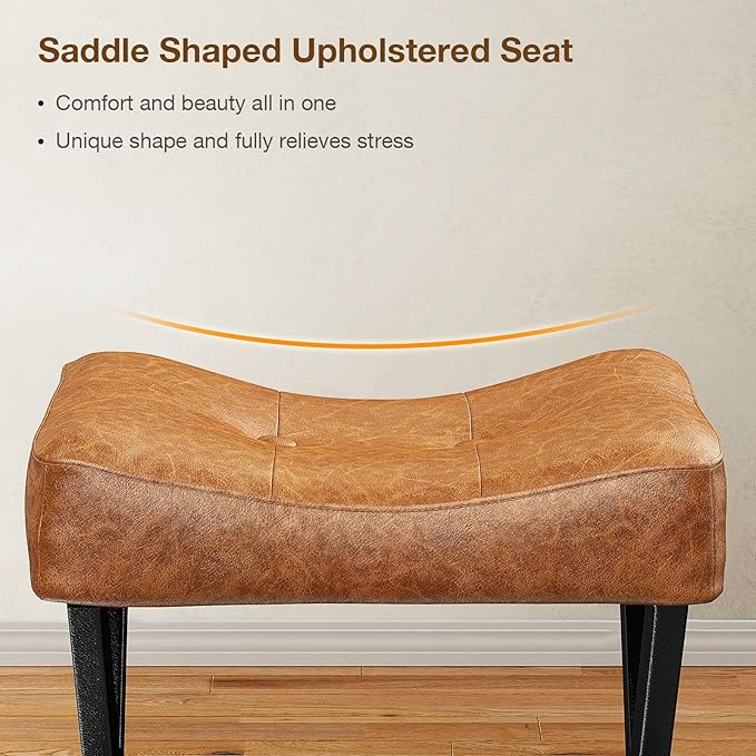 18-Inch Leather Vanity Stool Chair, Vanity Bench with Metal X-Leg, Ottoman Foot Stool with Thick Padded Saddle Seat, Brown