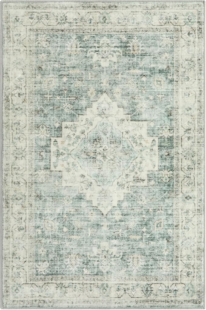 LIVEBOX Washable Rug 2x3 Kitchen Mats for Floor Entryway, Non Slip Front Door Mat for Bathroom Hallway, Boho Low-Pile Small Carpet Farmhouse Throw Indoor Rugs for Bath Sink, Sage Green