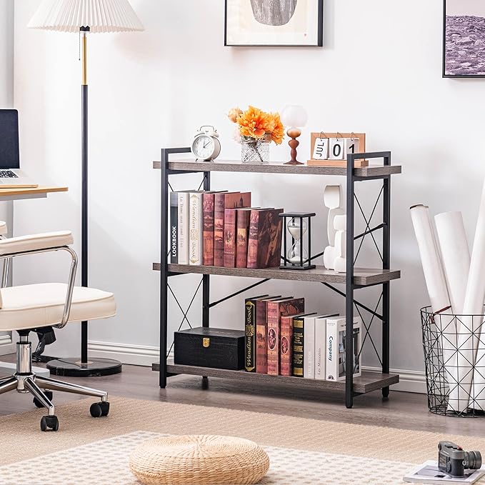 HCHQHS Bookshelf, 3-Tier Industrial Bookcase, Rustic Open Book Shelf, Freestanding Horizontal Bookshelves with Metal Frame