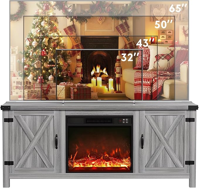 YESHOMY Fireplace TV Stand with Two Barn Doors and Storage Cabinets for Televisions up to 65+ Inch, Entertainment Center Console Table, Media Furniture for Living Room, 58 Inch, Gray Wash