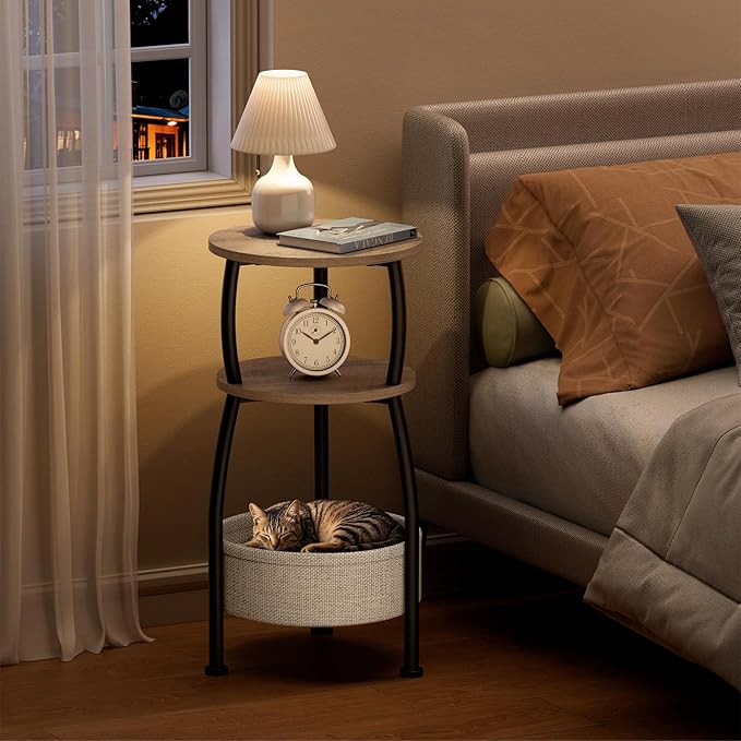Round Side Table with Storage Basket –Small Space Saving End Table 3-Tier Coffee Table Bedside Corner Stand for Living Room, Bedroom, Garden and More 24in Tall Greige