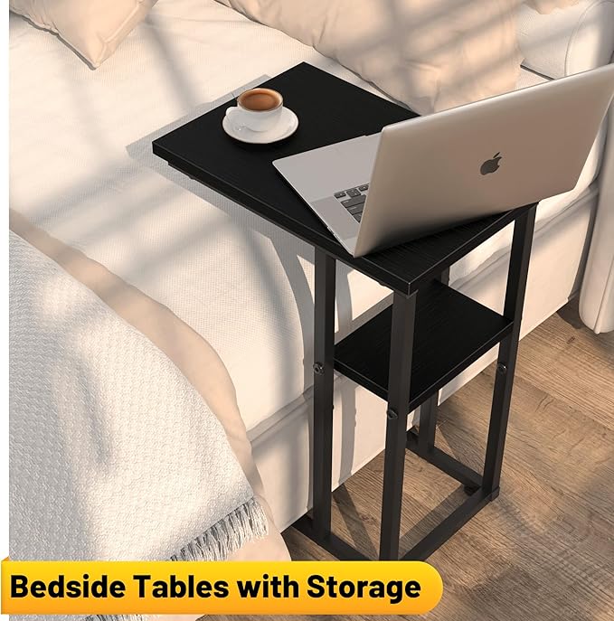 C Shaped End Table, Sturdy 2 Tier C Shaped Side Table for Couch Sofa Bedside Small Space, Couch Side Table for Living Room Bedroom, Easy to Assemble, Classic Black