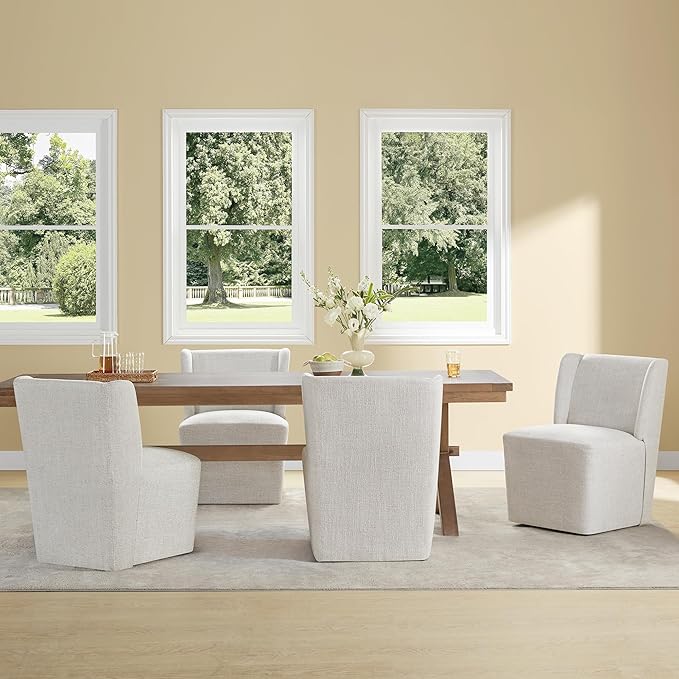 Upholstered Dining Chair with Casters Wingback Modern Side Armless Deskchair with Rollers for Diningroom Bedroom Livingroom Reading Room,Linen,4 Box