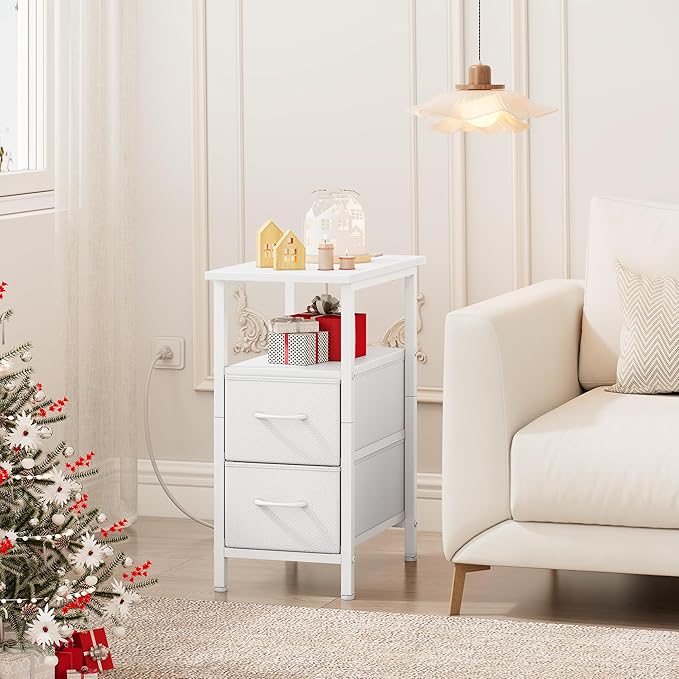 Vagusicc White End Table with Charging Station, Narrow Side Table, 23.8'' Tall Nightstand with 2 Fabric Drawers, Small Sofa Side Table Narrow Nightstand for Small Spaces, Living Room, Bedroom, White