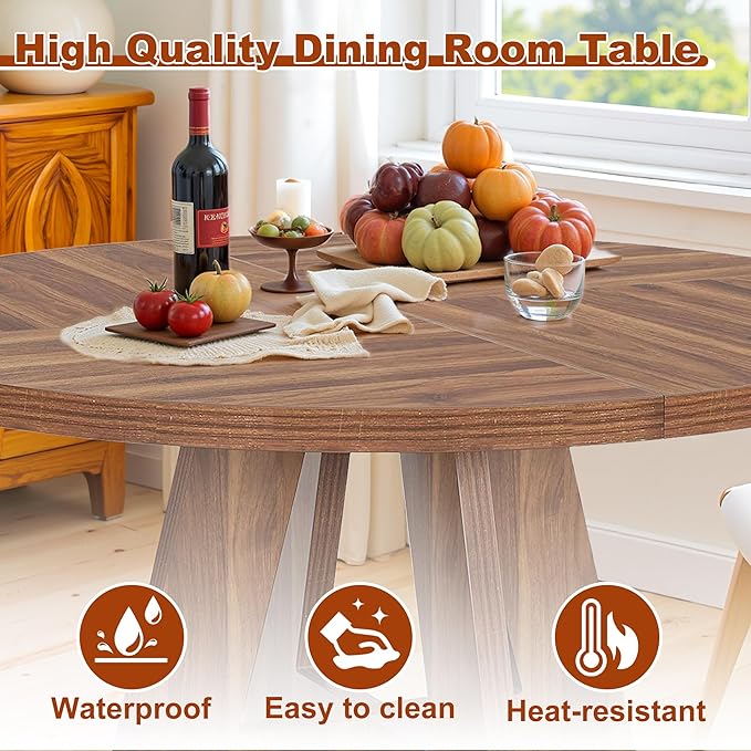 Round Dining Table for 4, 47 Inch Dinner Table Farmhouse Wooden Circle Kitchen Tables with Cross Base for Dining Room, Kitchen, Living Room, Vintage Brown