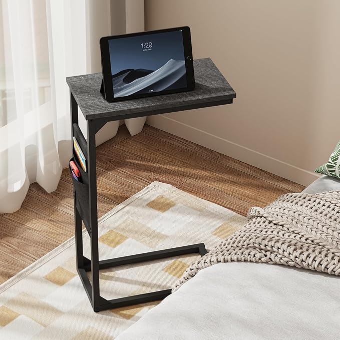 TUTOTAK C Shaped End Table, Side Table for Couch, Sofa Table with Storage Bag, TV Tray for Living Room, Bedroom, Black TB01BK082